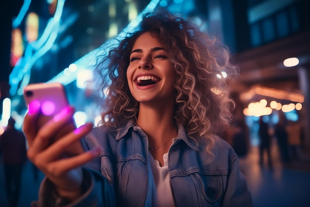 Woman is smiling and holding cell phone in her hand Generative AI