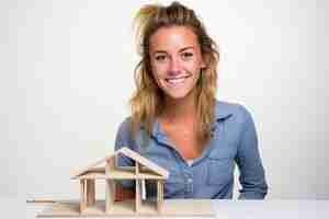 Photo a woman is smiling and holding a model house