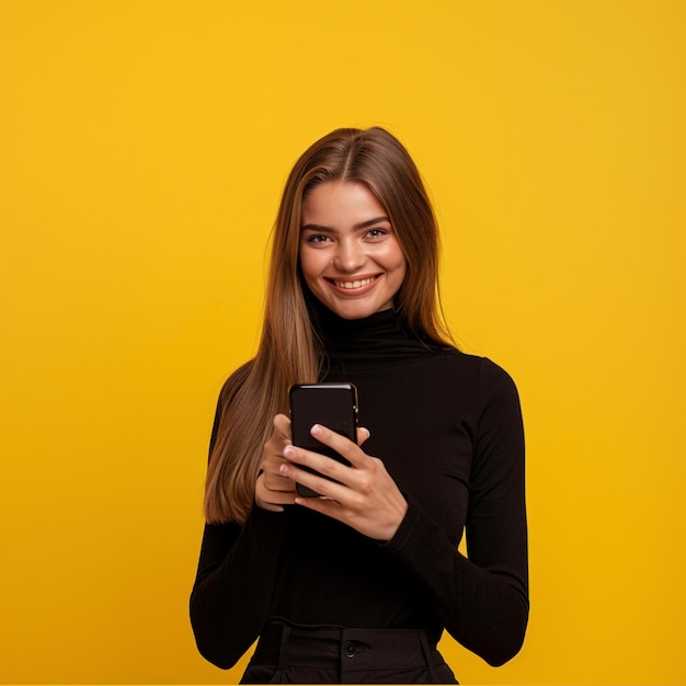 a woman is smiling and holding a phone in front of a yellow background