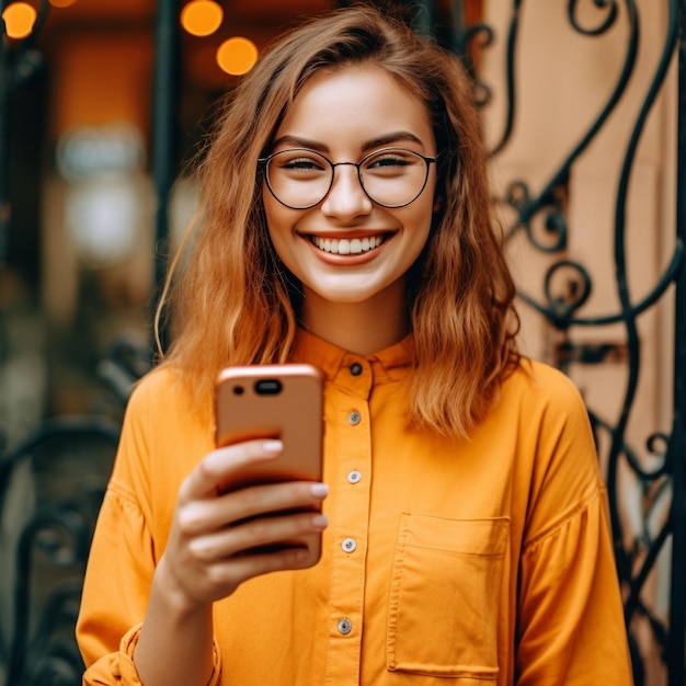 a woman is smiling and holding a phone in her hand