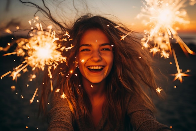 A woman is smiling and holding sparklers in her hands.