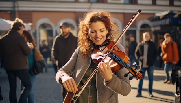 A woman is smiling and holding a violin