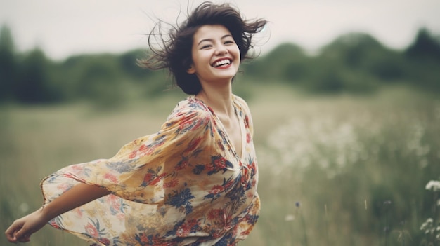 A woman is smiling and is laughing in a field of flowers.