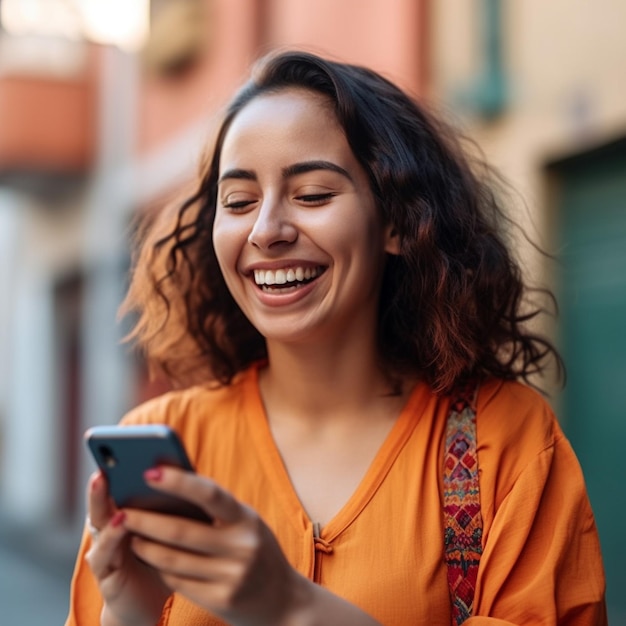 a woman is smiling and looking at her phone