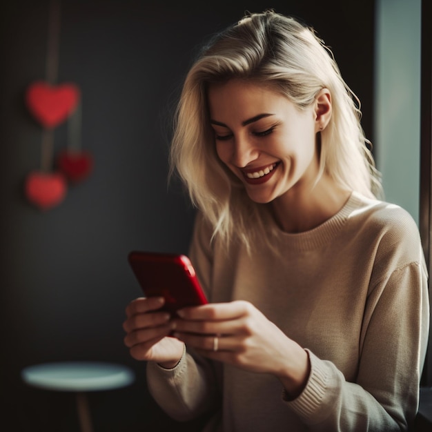 a woman is smiling and looking at her phone