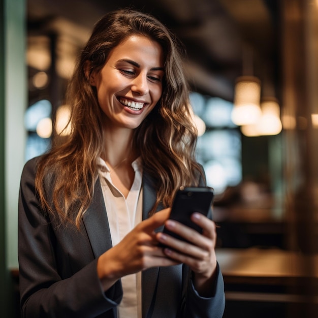 a woman is smiling and looking at her phone