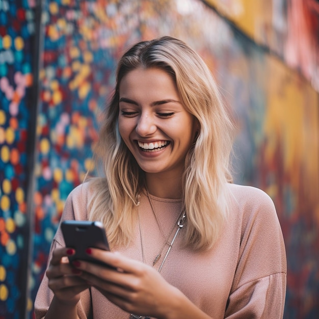 a woman is smiling and looking at her phone