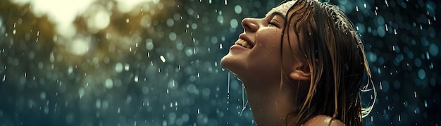 a woman is smiling in the rain