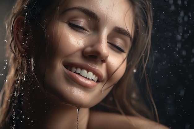 A woman is smiling and she is wet and she is smiling.