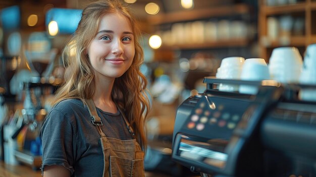 Photo a woman is smiling and smiling in front of a coffee machine