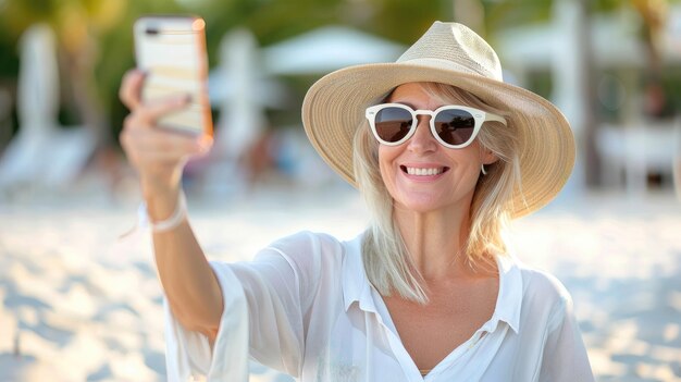 A woman is smiling and taking a selfie with her cell phone