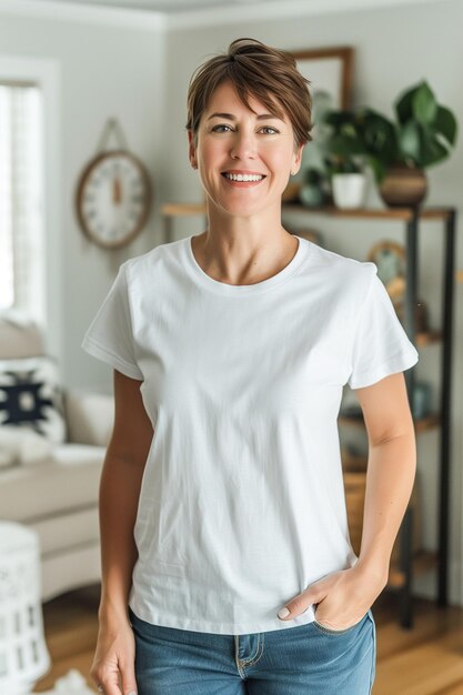 A woman is smiling and wearing a white shirt