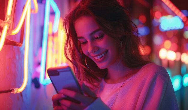 A woman is smiling while looking at her phone