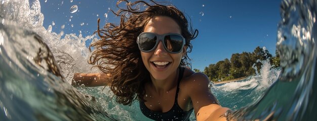 A woman is smiling while surfing on a sunny day