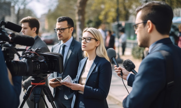 A woman is speaking into a camera with a microphone.