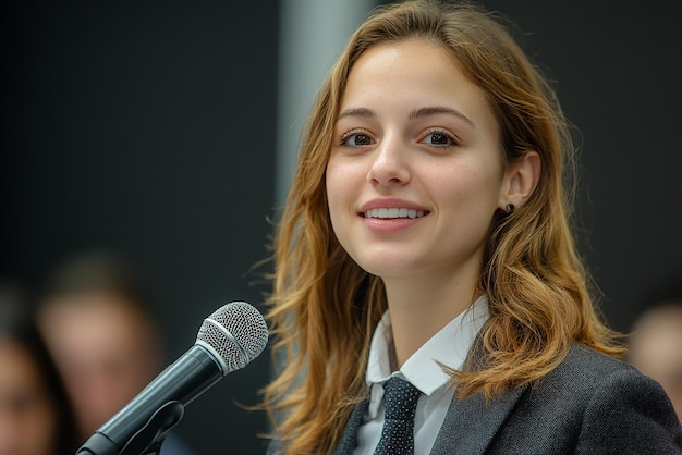 a woman is speaking into a microphone and she is wearing a tie