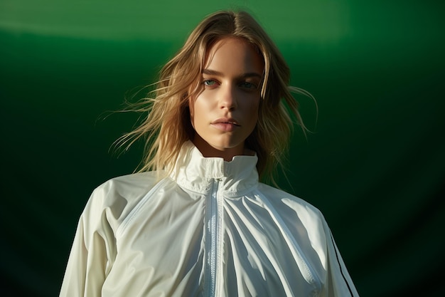 Woman is standing against green background wearing white jacket Beautiful illustration picture