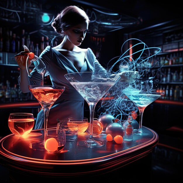 Photo a woman is standing behind a bar with a cocktail and a cocktail glass with the word martini on it