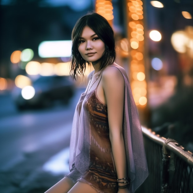 a woman is standing on a bridge with a scarf around her neck