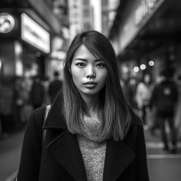 A woman is standing in a busy street and the word " no " is visible on the sign.