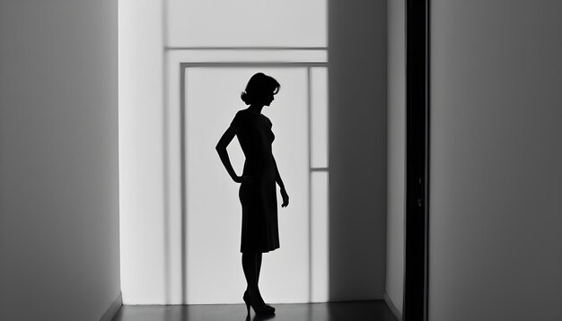 a woman is standing in a doorway with a shadow of a woman