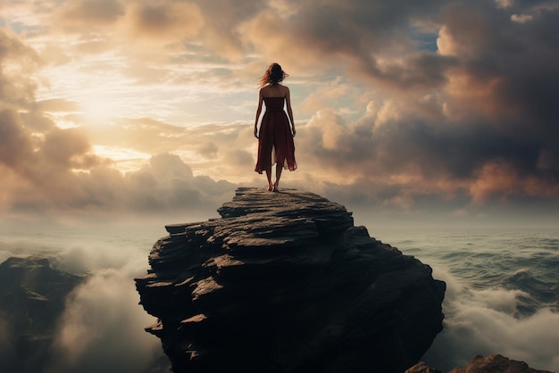 A woman is standing on the edge of a rock