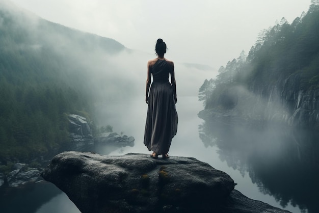 Photo a woman is standing on the edge of a rock