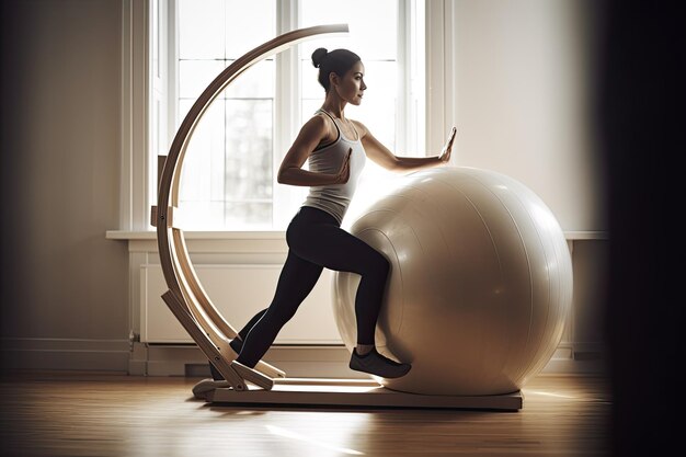 A woman is standing on a exercise ball with her