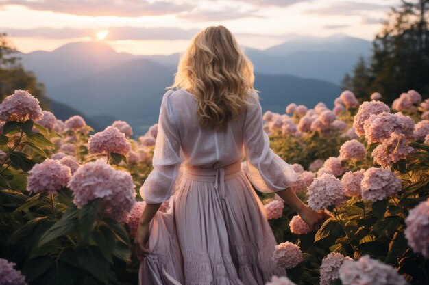 Woman is standing in field of pink flowers