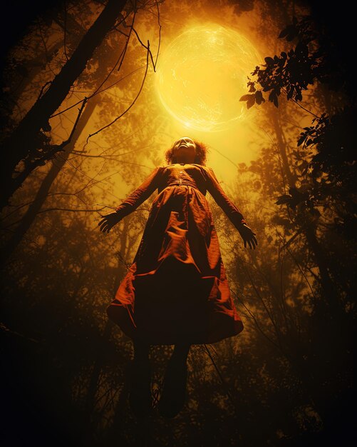 Photo a woman is standing in a forest with the moon behind her