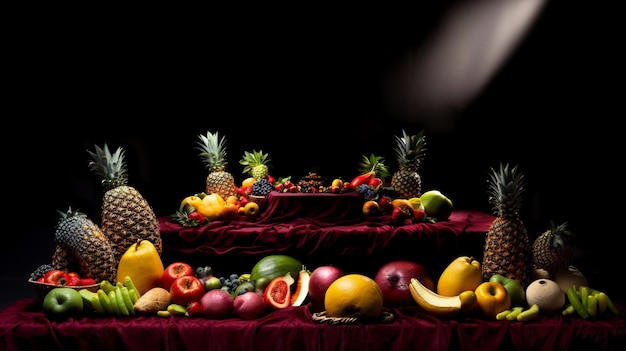 a woman is standing in front of a basket of fruits and vegetables.