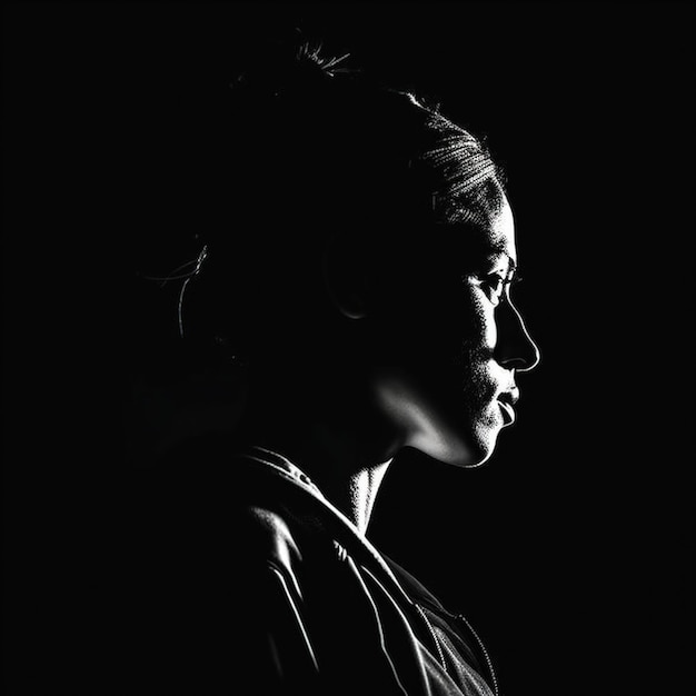 A woman is standing in front of a dark background