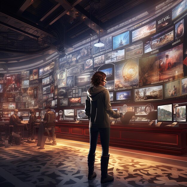 a woman is standing in front of a display with many different tvs