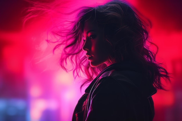 a woman is standing in front of neon lights with her hair blowing in the wind