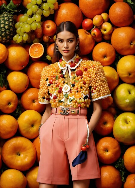 Photo a woman is standing in front of a pile of fruit