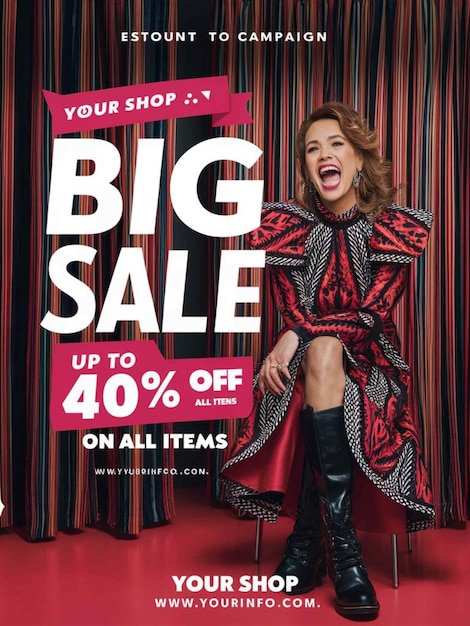 a woman is standing in front of a poster that says big sale