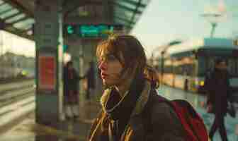 Photo a woman is standing in front of a sign that says quot go quot