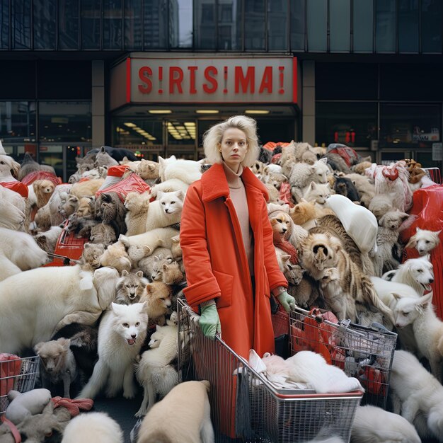 Photo a woman is standing in front of a store with many dogs