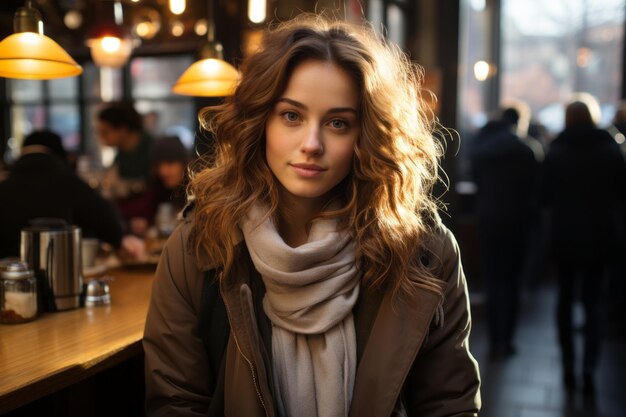 a woman is standing in front of a table in a restaurant