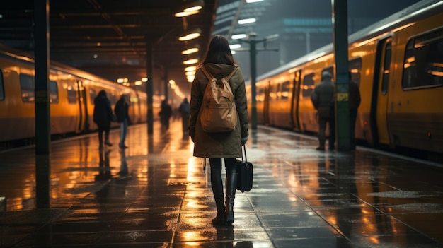 a woman is standing in front of a train station at night