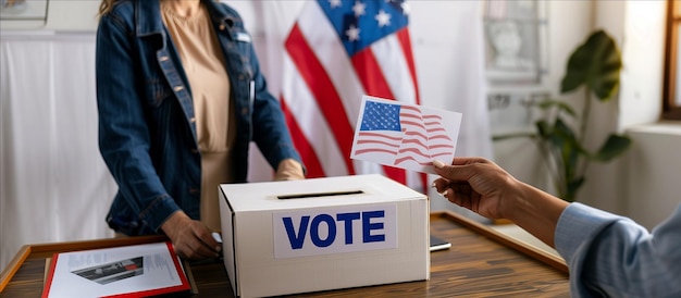 Foto una donna è in piedi davanti a una cabina elettorale con un foglio di voto in mano. viene vista inserire il foglio in un'urna di voto sicura come parte del processo di votazione.