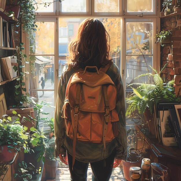 Photo a woman is standing in front of a window with a backpack on