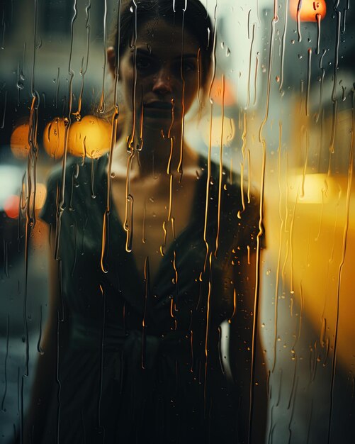 a woman is standing in front of a window with rain drops