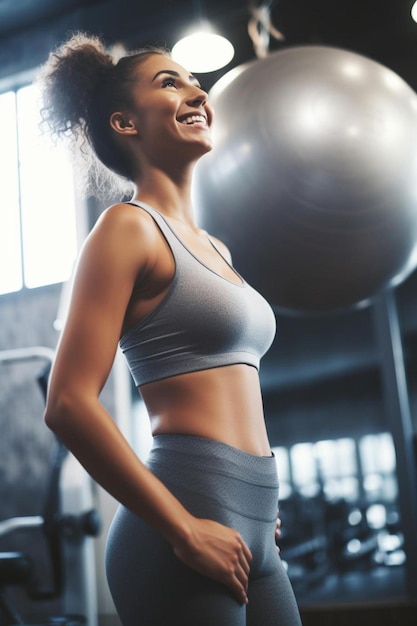 a woman is standing in a gym with a large ball in her hand