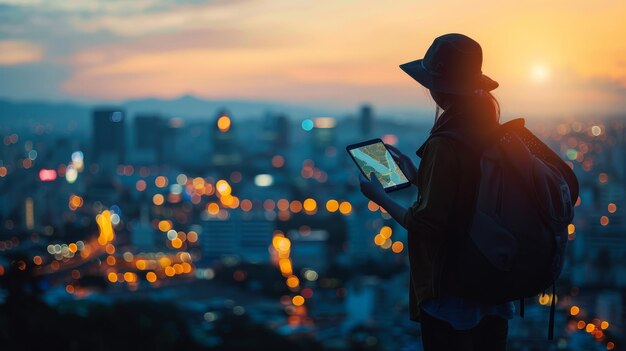A woman is standing on a hill with a backpack and a tablet in her hand She is looking at the city be