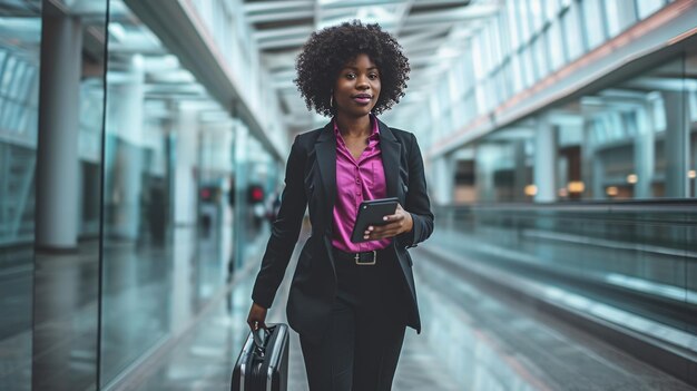 Фото Женщина стоит в терминале аэропорта, глядя на свой смартфон с улыбкой, держа в руках чемодан с большими окнами и яркой солнечной атмосферой позади нее
