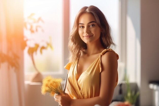 A woman is standing in a kitchen and holding a bouquet of flowers.