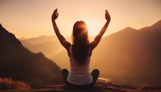 A woman is standing on a rock by the ocean with her arms outstretched