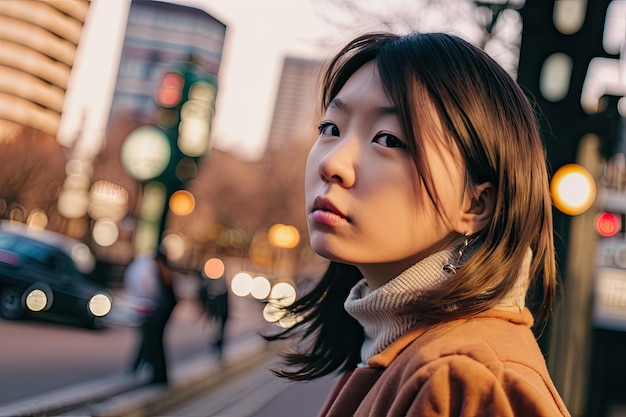 A woman is standing on the street and the light is red.