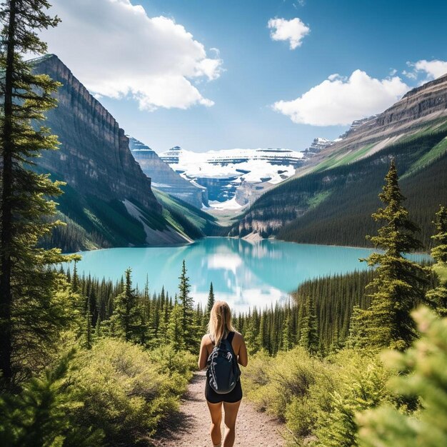 Photo a woman is standing on a trail in front of a lake